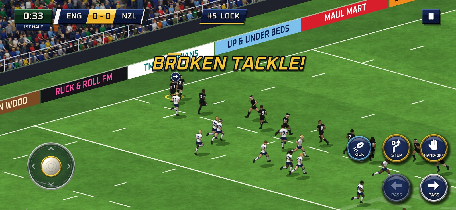 Real gameplay: an attacking runner with passing options on a full rugby pitch